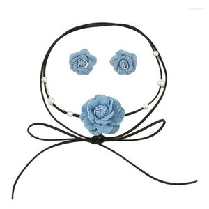 Tour de cou à lacets corde chaîne collier bleu tissu fleur boucles d'oreilles ensemble pour femmes mode bijoux cadeau