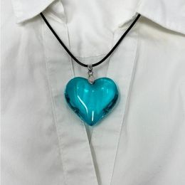 Choker grote blauw glazen hart ketting lucht gezwollen hanger met zwart lederen koord charm valentijnsdag