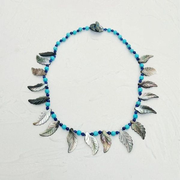 Choker Lii Ji Bleu Gris Collier 55 cm Turquoise Nacre Shell Feuille Femmes Stock Vente Bijoux