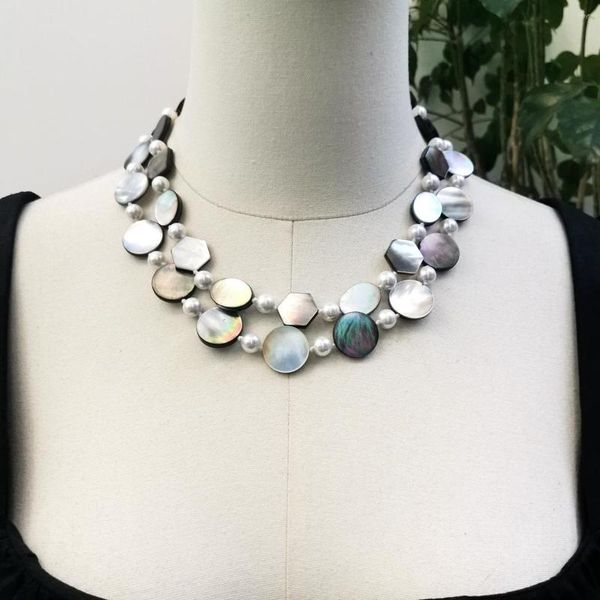 Ras du cou Lii Ji gris noir blanc couleur collier 50 cm nacre coquille 2 rangées déclaration femmes Stock vente bijoux cadeau