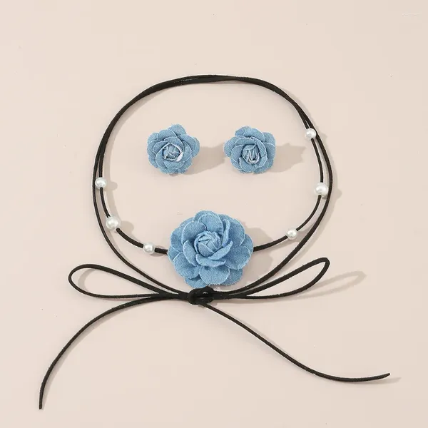 Gargantilla larga con cordones, cadena de cuerda con collar de flores de mezclilla azul y aretes, conjunto de joyería para mujer, accesorios elegantes de moda