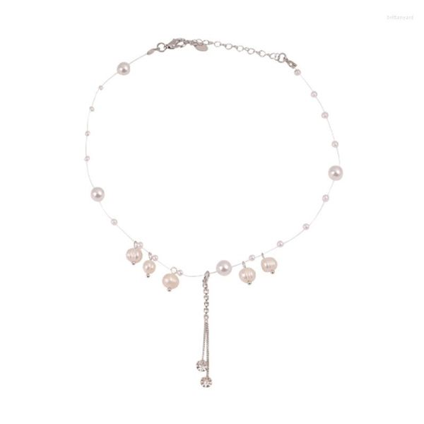 Gargantilla lujosa Simple elegante moda perla colgante cristal plateado largo borla joyería para el cabello collar diseñado para mujeres