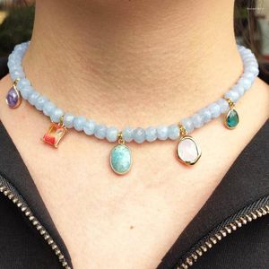 Choker Luxury Charm Natural Gemstone Beaded Necklace Blue Aquamarines Multiple Water Drop Pendentif Bijoux décoratifs Banquet Party