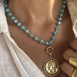 Choker meetvii mode gouden portret hangers kettingen voor vrouwen blauwe kristal kralen ketting ketting ontwerp sieraden cadeau