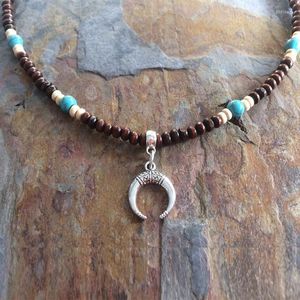 Choker heren turquoise ketting os hoorn houten kralen