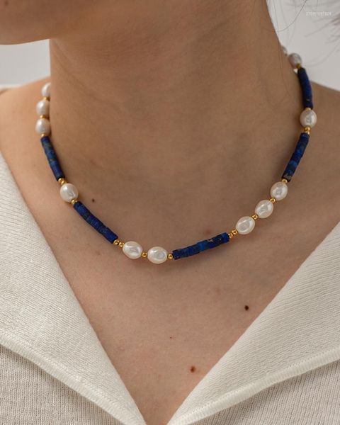 Choker Minar Bohême Bleu Marine Pierre Naturelle Lapis Colliers De Perles En Acier Inoxydable Plaqué Or 18K Collier De Perles De Verre Femmes