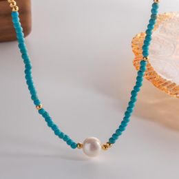 Ras du cou Minar Boho couleur bleue pierre naturelle perle d'eau douce brin colliers de perles pour femmes 14K collier ras de cou en laiton plaqué or