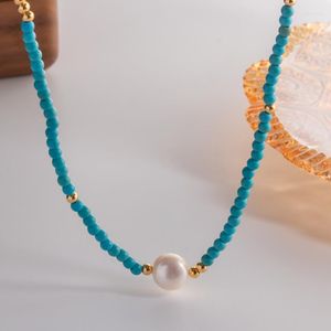 Gargantilla Minar Boho Color azul piedra Natural agua dulce hebra de perlas collares con cuentas para mujeres 14K collar de gargantillas de latón chapado en oro