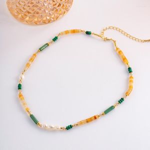 Gargantilla Minar creativa multicolor cuentas de piedra natural hilo para mujeres collar de perlas reales de latón chapado en oro de 14 quilates