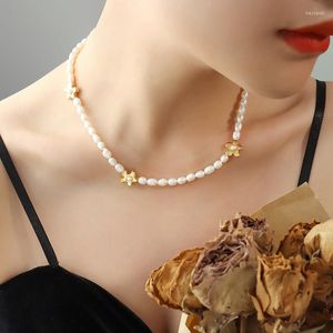 Choker Minar Mignon Romantique Perle D'eau Douce Colliers De Perles Pour Les Femmes En Acier Inoxydable Plaqué Or 18K Fleurs Pendentif Sautoirs Collier