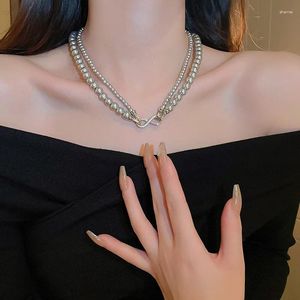 Choker Minar Elegant Dubbel Gelaagd Glas Gesimuleerde Parel Kralen Kettingen Voor Vrouwen Dames Verzilverd Koper CZ Zirkoon Kralen