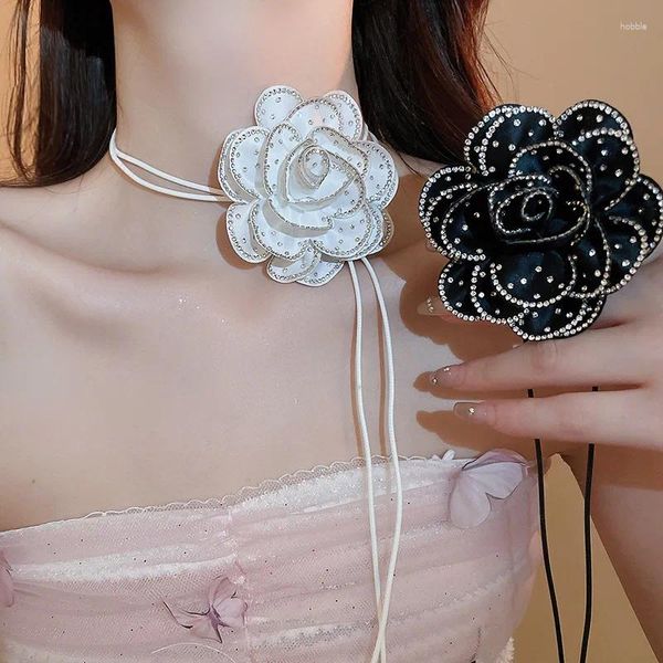 Gargantilla Minar elegante grande blanco negro color tela rosa flor diamantes de imitación borla larga collares pendientes para mujeres gargantillas llamativas