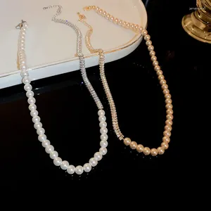 Ras du cou Minar élégant simulé perle colliers de perles pour les femmes 14K or véritable argent plaqué cuivre asymétrique CZ Zircon brin ras de cou