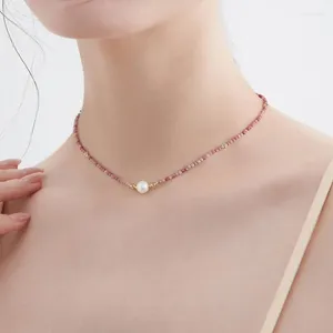 Collier ras du cou Minar fait à la main pour femmes, couleur rose rouge, perles en pierre naturelle, plaqué or véritable 14K, fil de perles simulées