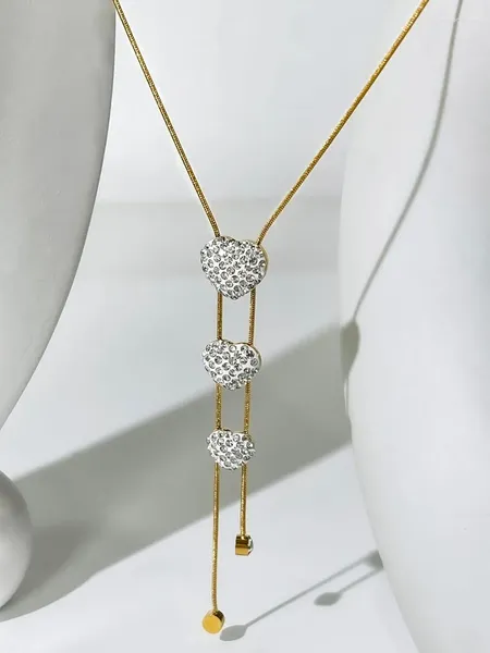 Tour de cou Minar luxe or 18 carats plaqué PVD en acier inoxydable brillant plein strass coeur en forme de Y Long gland pour les femmes