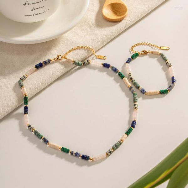 Tour de cou Minar à la mode coloré Lapis pierre naturelle brin collier de perles femmes en gros Anti ternissement en acier inoxydable