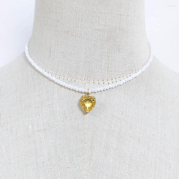 Gargantilla minimalista facetado collar de cuentas de cristal mujeres exquisito encanto amarillo verde rosa colgante en forma de corazón regalo de joyería decorativa