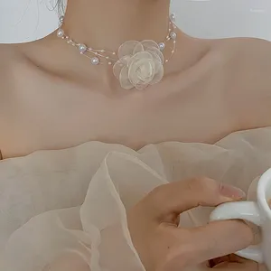Choker Mori Romantische Pearl Camellia ketting Zomer Zwart Witte sleutelbeenketting met stofbloemen Parels voor vrouwen sieraden