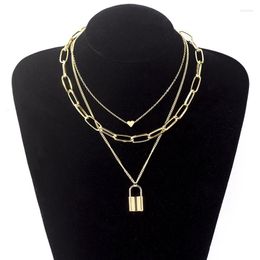 Collier ras du cou multicouche avec serrure en forme de cœur, Punk Grunge des années 90, pendentif cadenas couleur argent, bijoux esthétiques pour femmes