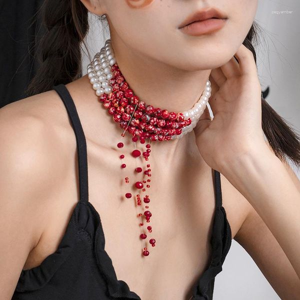 Choker Imitation multicouche Imitation Perle Collier acrylique Fashion Fils Girls Rouges Blanc Per perlé Bijoux Gothic Party Bijoux