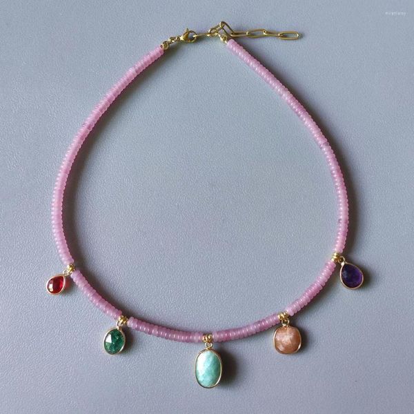 Collier ras du cou en pierre boulier naturelle, perles colorées, pendentif goutte, fait à la main, Jades roses, pour femmes et filles, esthétique