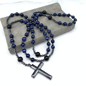 Ras du cou naturel bleu oeil de tigre hématite pierre perles collier pour hommes femmes catholique Christ chapelet croix pendentif colliers