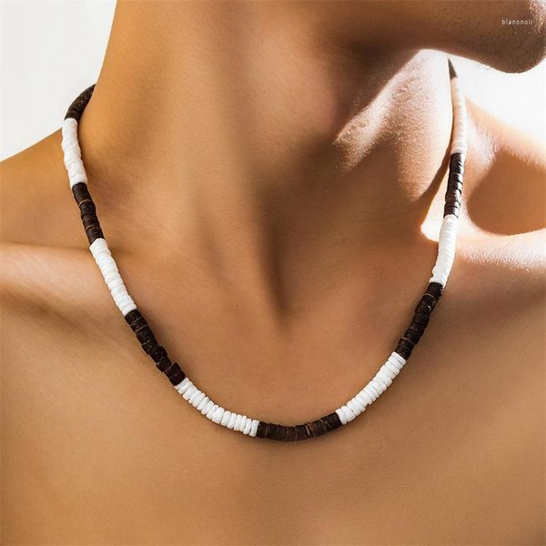 Gargantilla de cáscara de coco Natural, cuentas espaciadoras blancas y marrones, collar de surfista, joyería Tribal Vintage para hombres y mujeres, Yoga