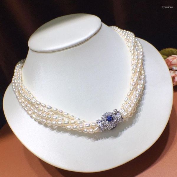 Gargantilla Collar de perlas de arroz de agua dulce natural Hebilla con microincrustaciones para mujer