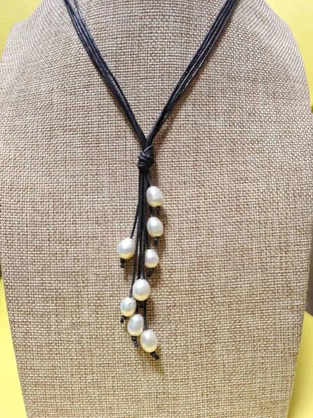 Collier ras du cou en perles naturelles, bijoux à la mode, corde en cuir noir, collier d'eau douce blanc, 20 pouces de Long