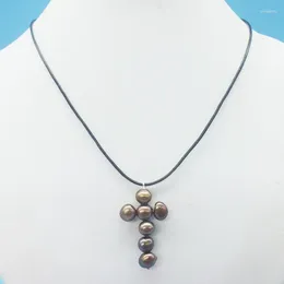 Colliers ras du cou en perles naturelles, pendentifs croix, corde en cuir, 18 pouces
