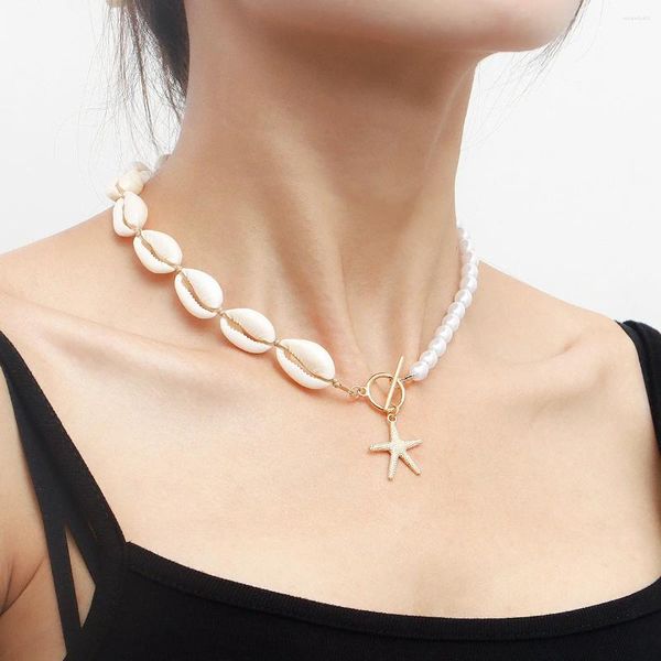 Gargantilla de concha Natural para mujer, collar bohemio elegante estilo playero tejido a mano con colgante de estrella de mar y perla de imitación