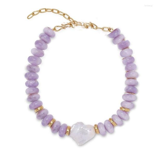 Ras du cou pierre naturelle perlée Kunzite plaqué or collier de perles Accents d'eau douce grande perle baroque Focal crochet fixation collier femmes