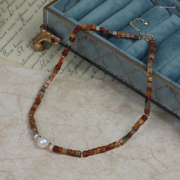 Gargantilla con cuentas de piedra Natural para mujer, Collar de cadena cuadrada, Perla de agua dulce de lujo Retro, joyería estética para mujer, regalo