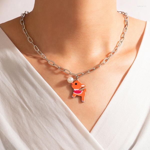 Collier ras du cou belle bande dessinée wapiti cerf colliers pour femmes à la mode renne bois pendentif noël bijoux cadeaux enfants