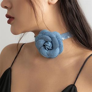 Ourfuno – collier ras du cou romantique pour femmes, couleur bleue, grande fleur de Rose, élégant, fête de mariage, bijoux à la mode, cadeau pour filles