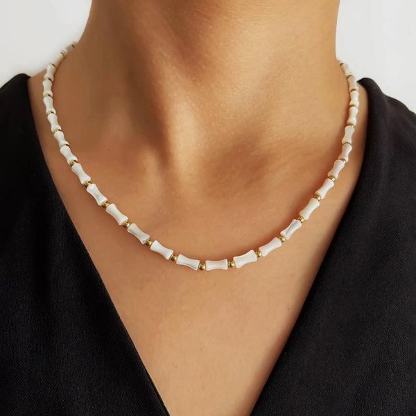 Peri'sbox – collier ras du cou plaqué or fait à la main, coquille blanche naturelle, Joint en bambou, perles en acier inoxydable, bijoux pour femmes élégantes