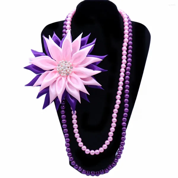 Gargantilla rosa púrpura cadena de perlas cinta de tela flor ramillete hombro hermandad de mujeres Epsilon Psi collares griegos