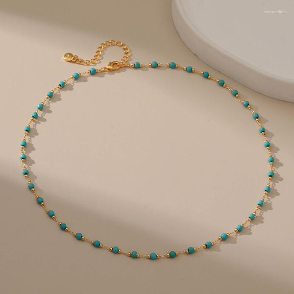 Tour de cou plaqué avec collier de perles de turquoise verte naturelle en or 18 carats pour femmes style ethnique courte chaîne de clavicule mode bijoux cadeaux