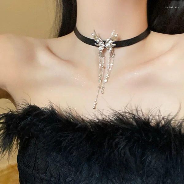 Collier ras du cou Punk Egirl Y2k pour femmes, bijoux en cuir noir, pompon en cristal, métal papillon, chaîne de clavicule gothique, doux et Cool