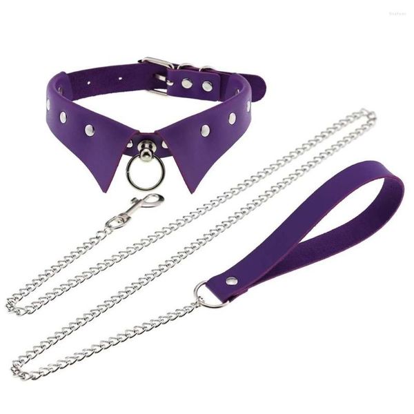 Choker Punk Lila PU Leder Nietenkragen Frauen Halskette Erstickung Edelstahl Silber Farbe Ketten Bondage Hals Goth Schmuck