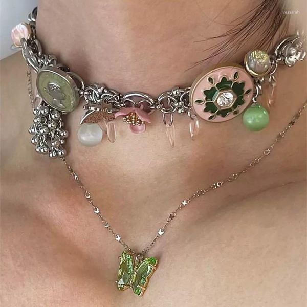 Collier ras du cou Punk Vintage série verte, pendentif papillon, pièce de monnaie pour femmes, esthétique Style chinois, chaîne de cou inhabituelle, bijoux