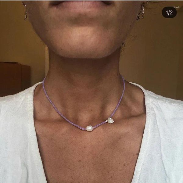 Collier ras du cou en cristal violet pour femmes, perles de riz, à la mode, polyvalent, naturel, perle d'eau douce, chaîne personnalisée