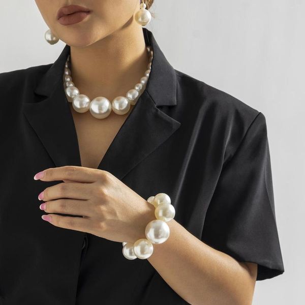 Gargantilla PuRui exagerada collar de perlas de imitación pulsera para mujer moda Simple conjunto de boda grande regalo de joyería