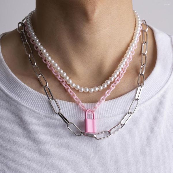 Gargantilla PuRui moda Y2K Rosa cerradura colgante acrílico cadena collar Punk perlas de imitación cuentas multicapa regalo de joyería para mujer