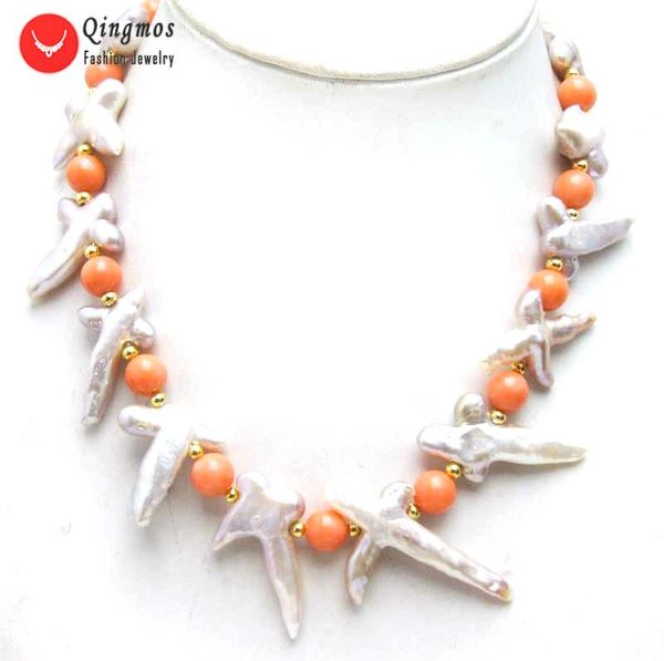 Choker Qingmos collier de perles naturelles pour les femmes avec 30 60mm forme de croix violette 9-10mm bijoux en corail rose 17 '' Nec6372 Chokers