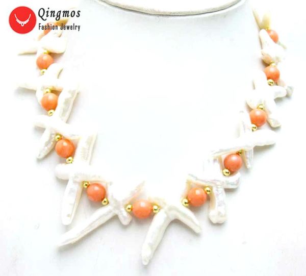 Choker Qingmos collier de perles naturelles pour femmes avec 30 60mm forme de croix blanche 9-10mm bijoux en corail rose 17 '' Nec6371 Chokers