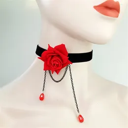 Collier ras du cou en dentelle noire pour fille, fleur rouge, Rose, gothique, Lolita-noir, bijoux féminins