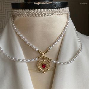 Collier tour de cou Style Renaissance double brin fausse perle collier pour femme fille coeur couches avec breloque rouge-grenat pierre