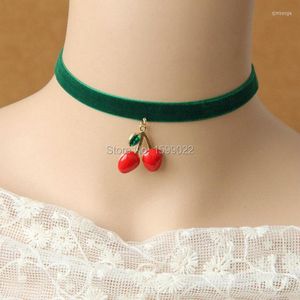 Collier ras du cou rétro avec ruban vert, pendentif en forme de cerise rouge, Style Harajuku, accessoires de cou pour adolescentes et femmes