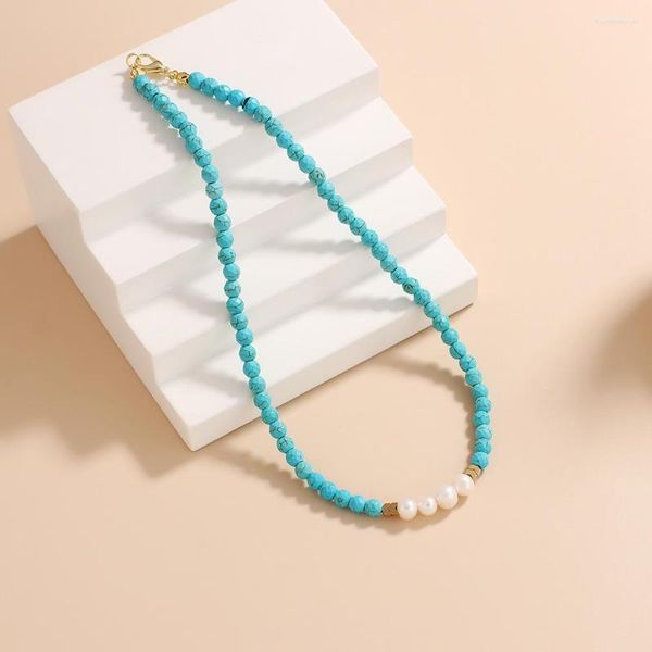 Ras du cou collier de perles de riz pierre naturelle Turquoise motif perle rétro tissage à la main bohême réglable courant de marée perlé